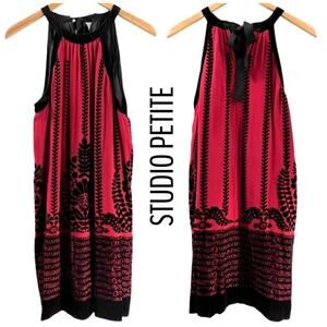 STUDIO PETITE Red Halter Dress with Black Velvet Trim SZ Med Petite